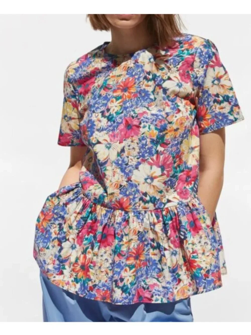Zara | Vibrant Floral Poplin Peplum Blouse In Multicolor - Picture 2 of 11